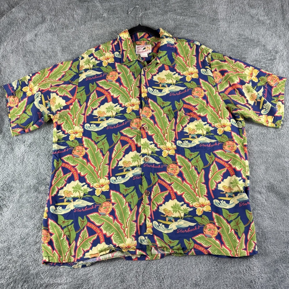 Reyn Spooner Starbucks Shirt Mens Large Blue Hawaiian Aloha Catch The Foam Surf
